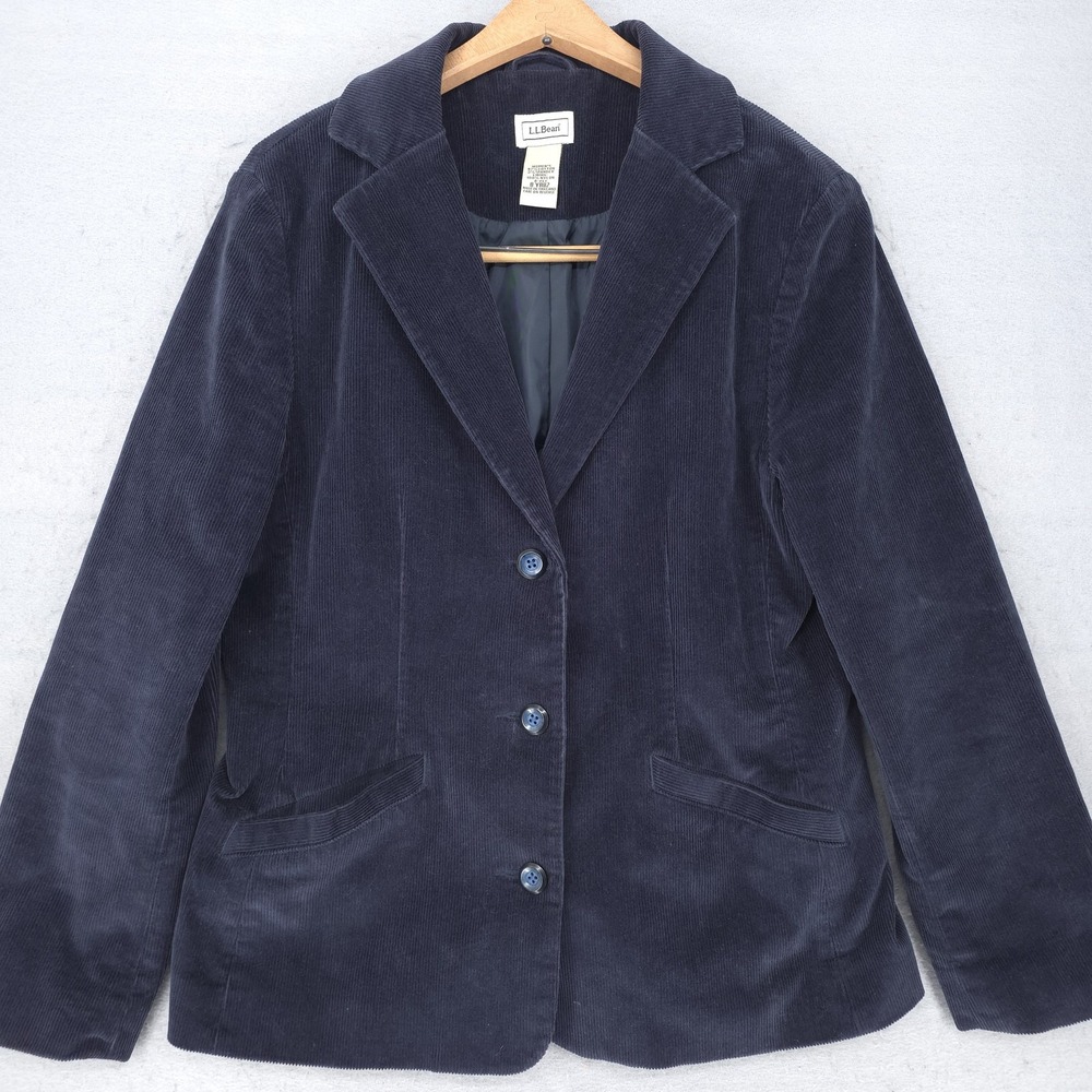 L.L.Bean Blazer Womens 8 Petite Blue Corduroy Lined Stretch Jacket Classic Fit